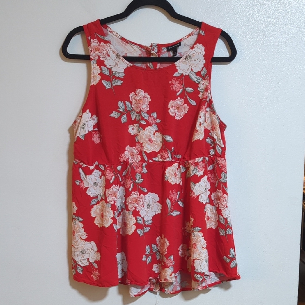 Torrid Red Cream Floral Round Neck Button Up Back Sleeveless Top Size 1